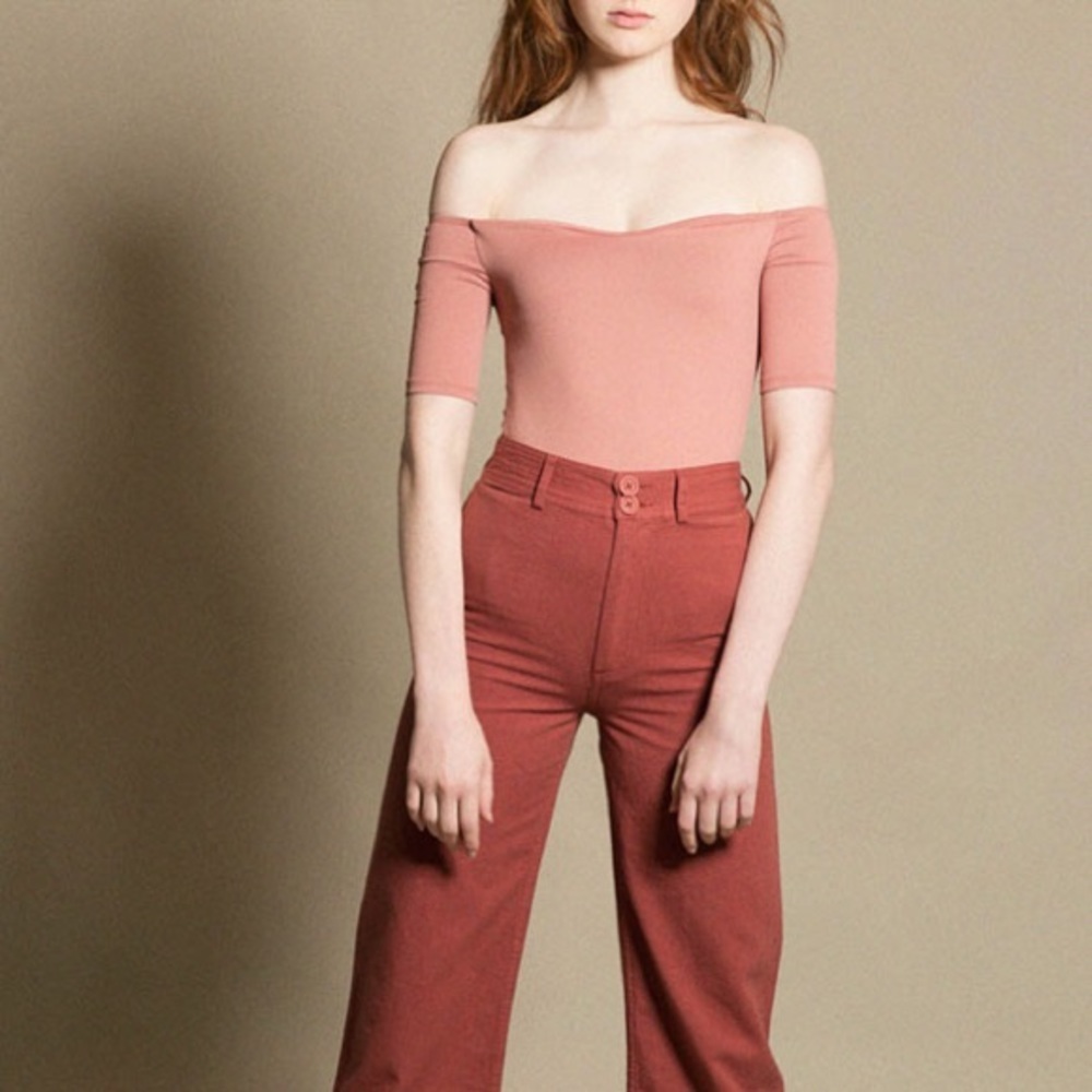 New Alix Terracotta Mauve Nude Pink Beverly Off shoulder Bodysuit monochromatic